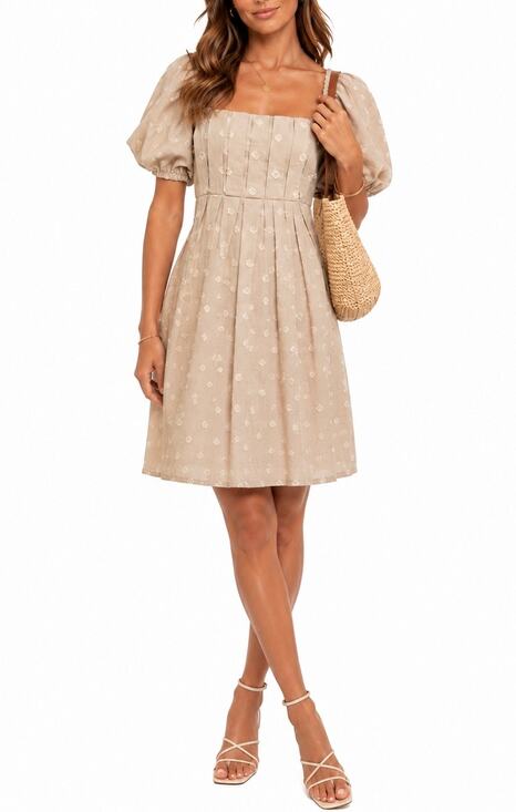 And Now This Dresses & Skirts - NWT And Now This Beige Cotton Dobby Dot Puff Sleeve Cottagecore Dress Size XS